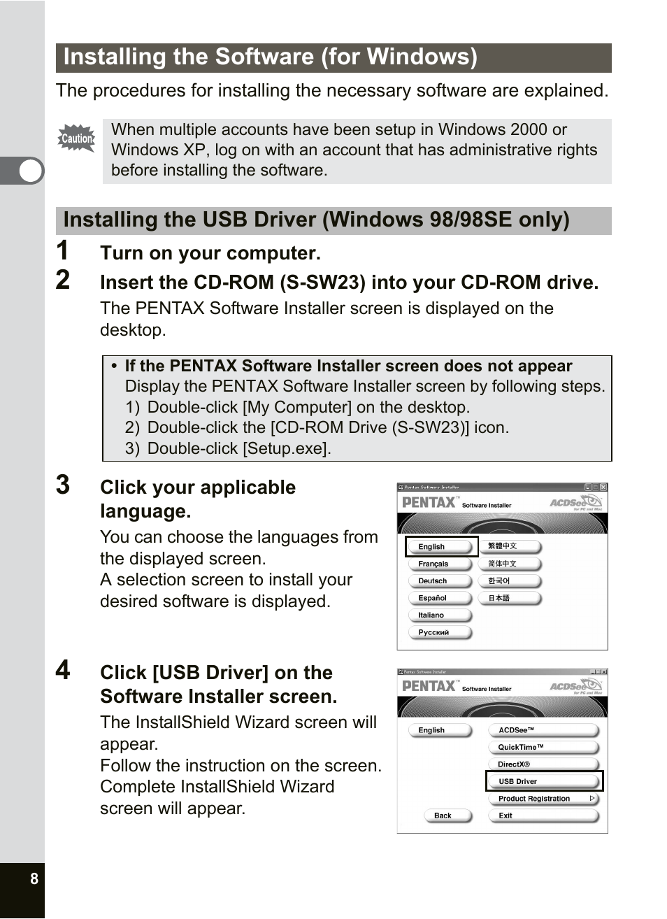 Installing the software (for windows) | Pentax Optio SV User Manual | Page 10 / 68