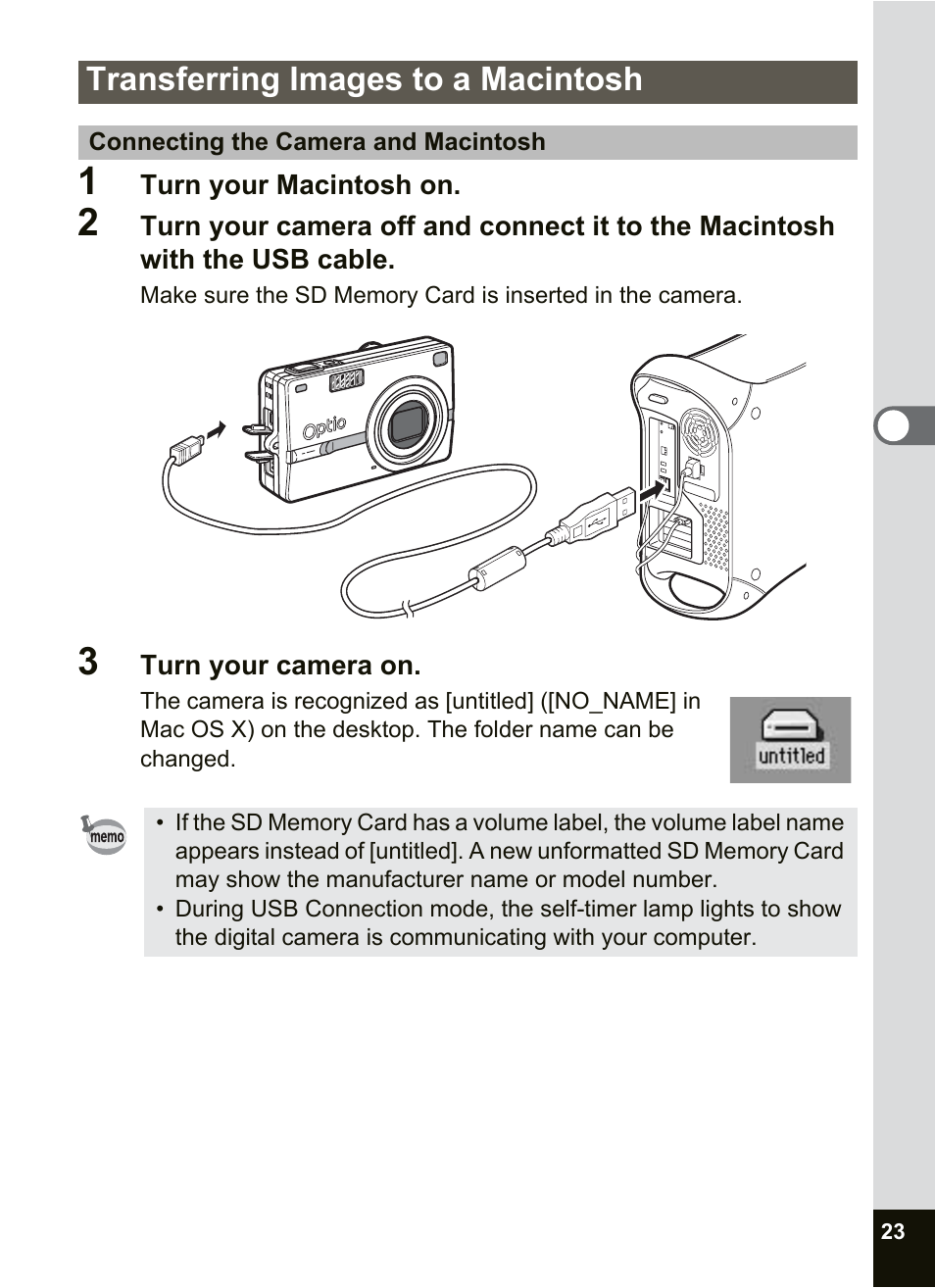 Transferring images to a macintosh | Pentax Optio SV User Manual | Page 25 / 68