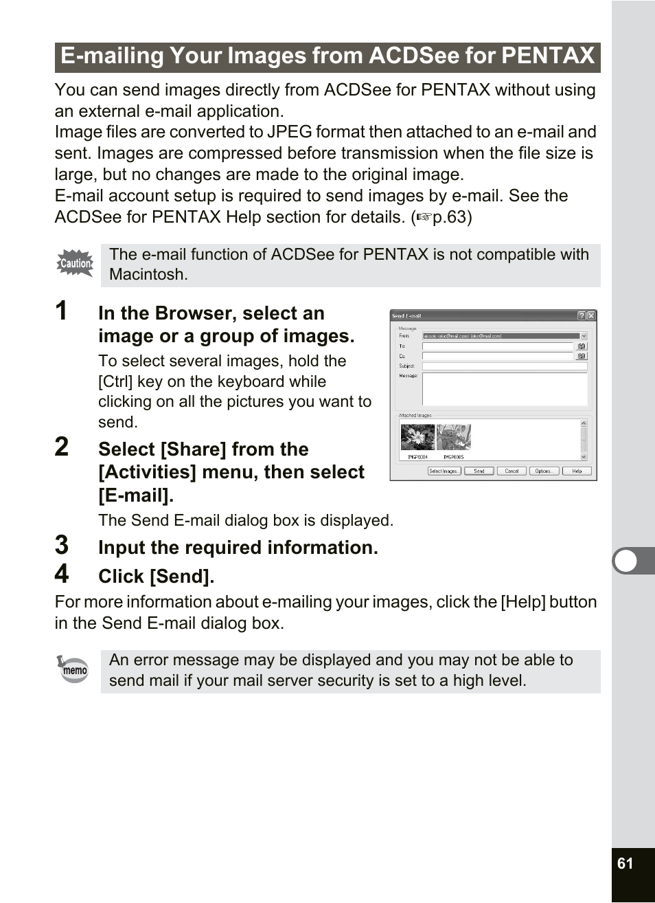E-mailing your images from acdsee for pentax | Pentax Optio SV User Manual | Page 63 / 68