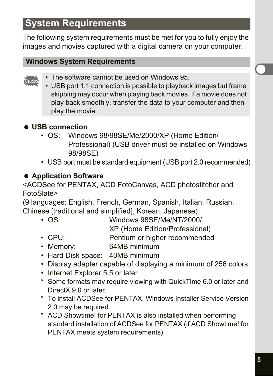 System requirements | Pentax Optio SV User Manual | Page 7 / 68