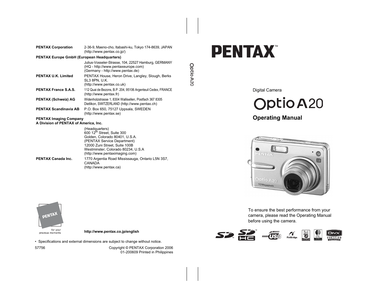 Pentax Optio A20 User Manual | 199 pages