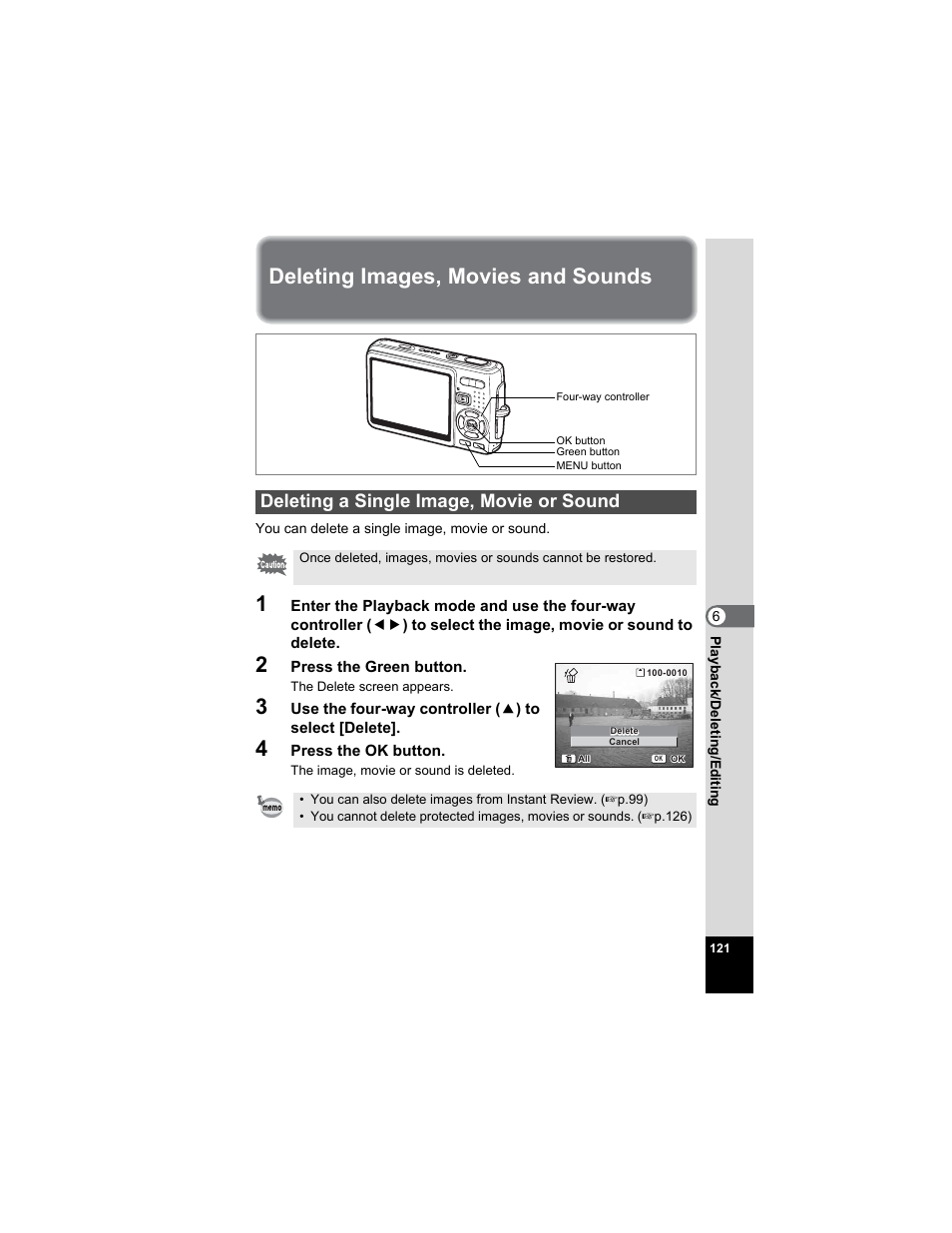 Deleting images, movies and sounds, Deleting a single image, movie or sound, P.121 | P.121) | Pentax Optio A20 User Manual | Page 123 / 199