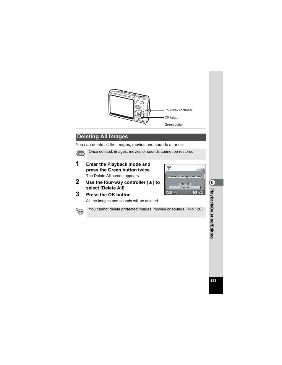Deleting all images | Pentax Optio A20 User Manual | Page 125 / 199