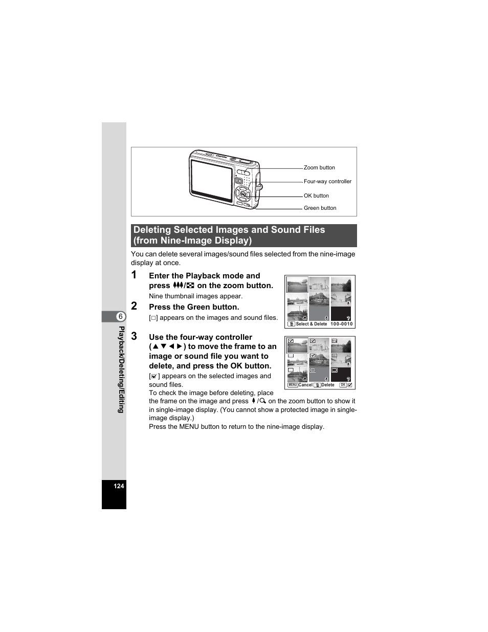 Deleting selected images and sound files, From nine-image display) | Pentax Optio A20 User Manual | Page 126 / 199