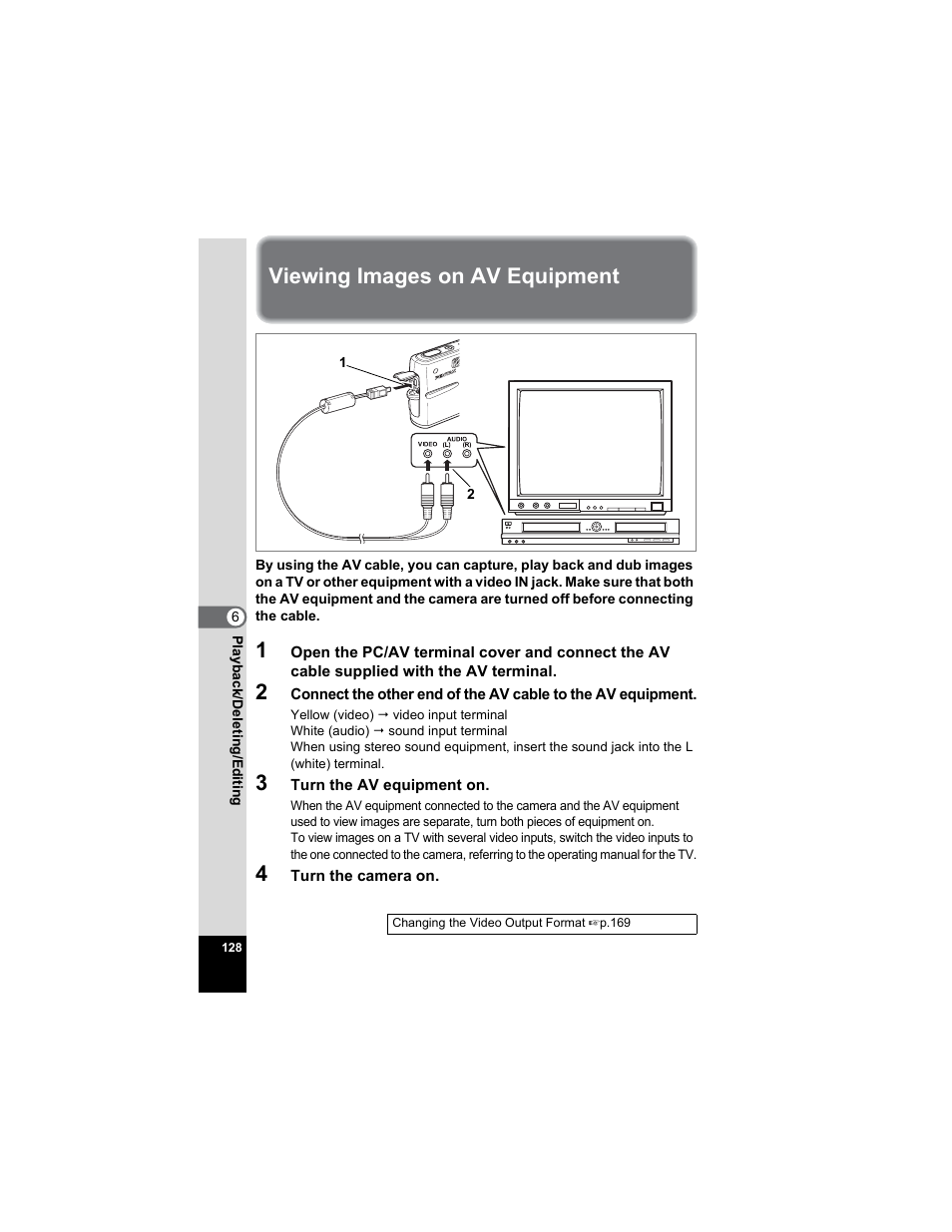 Viewing images on av equipment | Pentax Optio A20 User Manual | Page 130 / 199