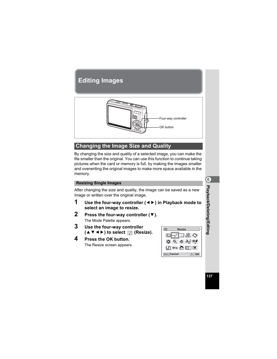 Editing images, Changing the image size and quality, P.137 | Pentax Optio A20 User Manual | Page 139 / 199