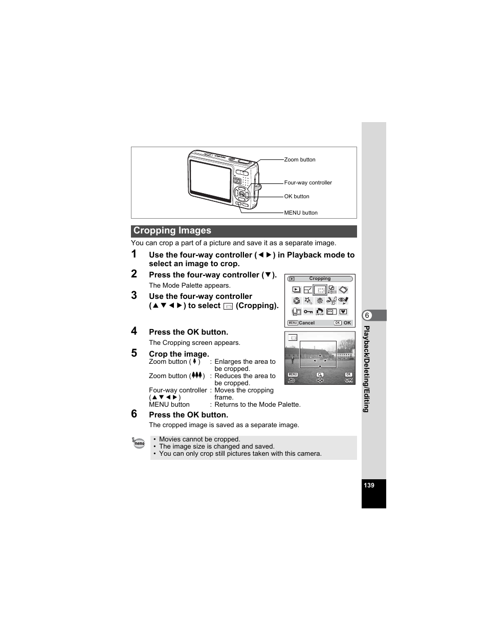 Cropping images, P.139 | Pentax Optio A20 User Manual | Page 141 / 199