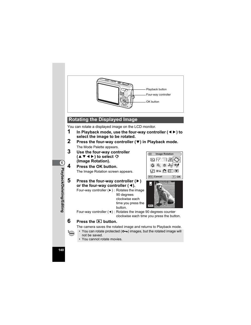 Rotating the displayed image, P.140), P.140 | Pentax Optio A20 User Manual | Page 142 / 199