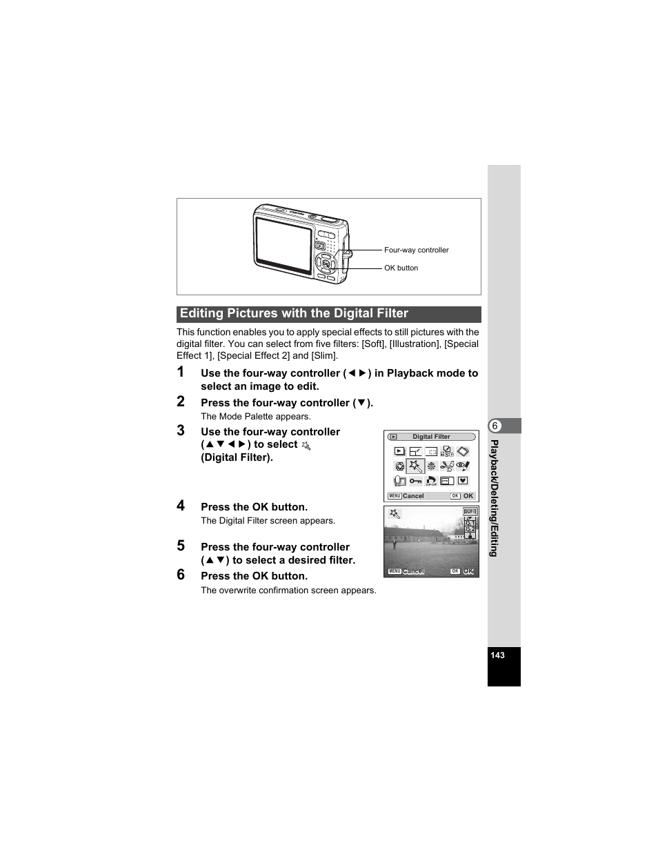 Editing pictures with the digital filter, P.143 | Pentax Optio A20 User Manual | Page 145 / 199