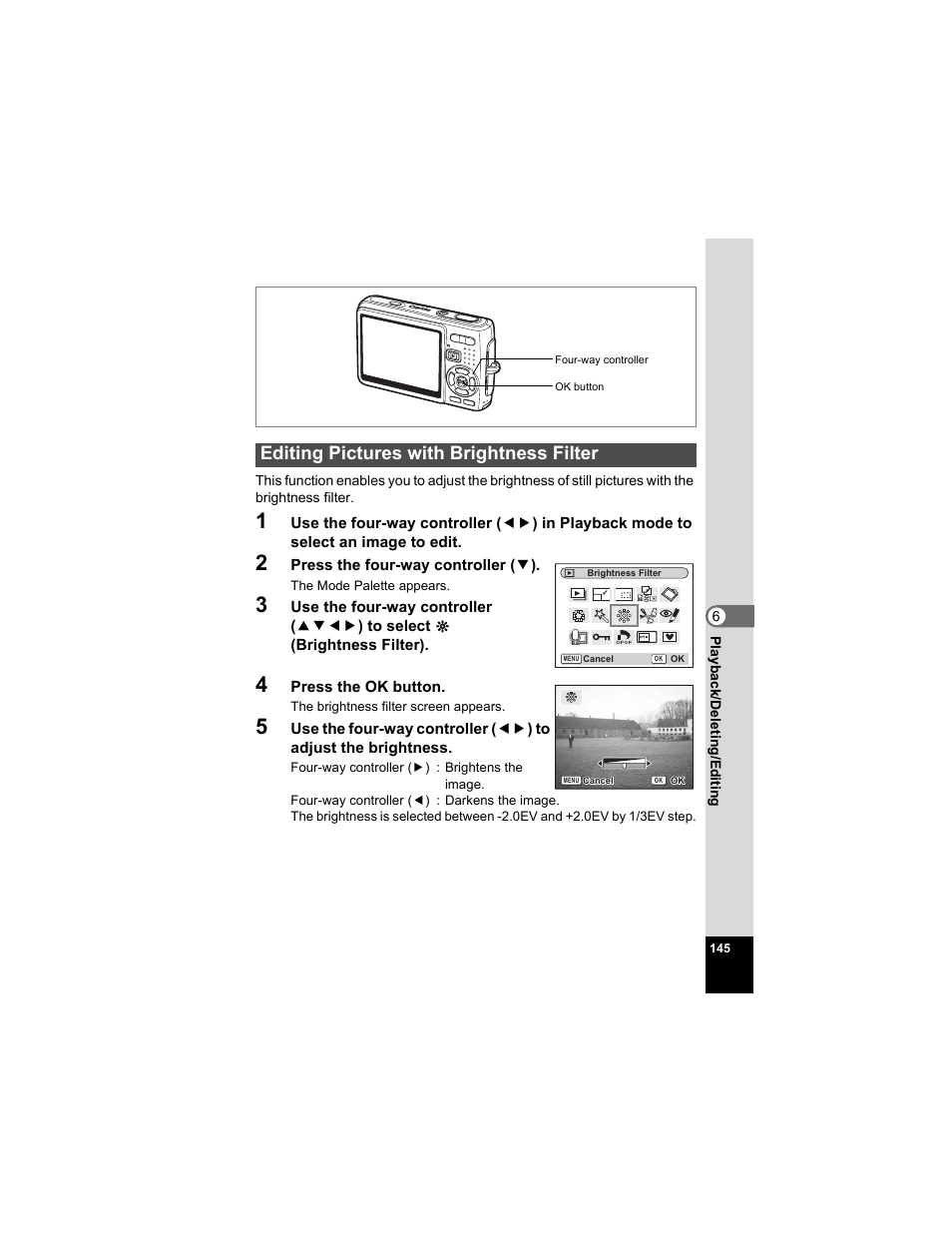 Editing pictures with brightness filter, P.145 | Pentax Optio A20 User Manual | Page 147 / 199
