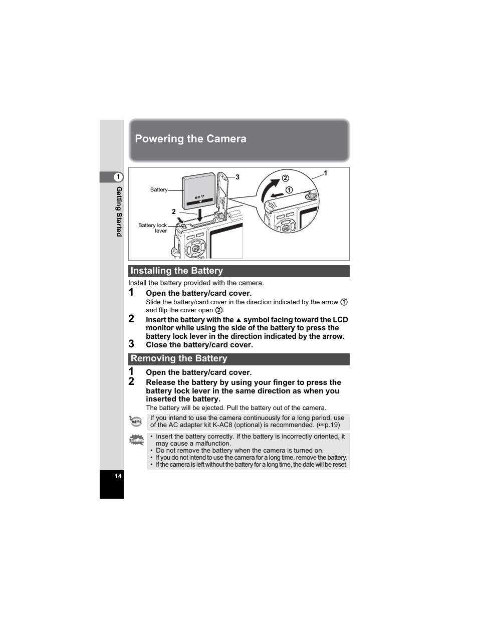 Powering the camera, Installing the battery, Removing the battery | Installing the battery removing the battery | Pentax Optio A20 User Manual | Page 16 / 199