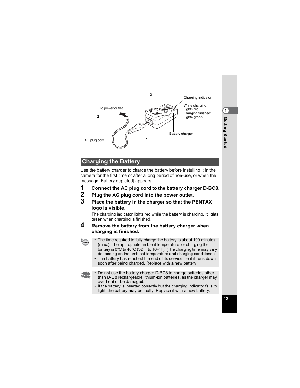 Charging the battery | Pentax Optio A20 User Manual | Page 17 / 199