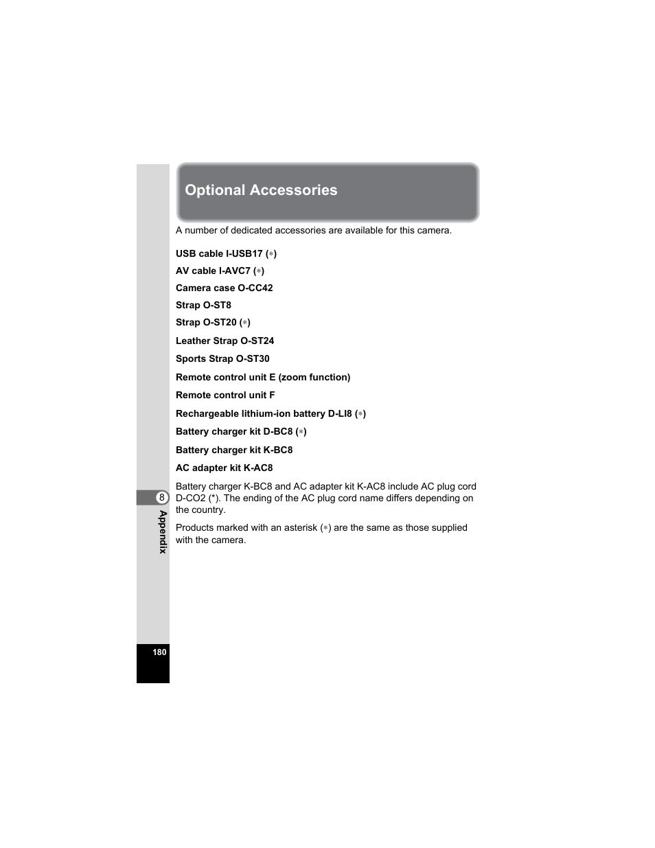 Optional accessories | Pentax Optio A20 User Manual | Page 182 / 199