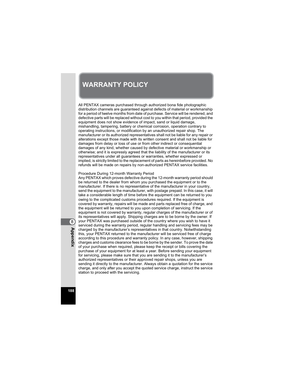 Warranty policy | Pentax Optio A20 User Manual | Page 190 / 199