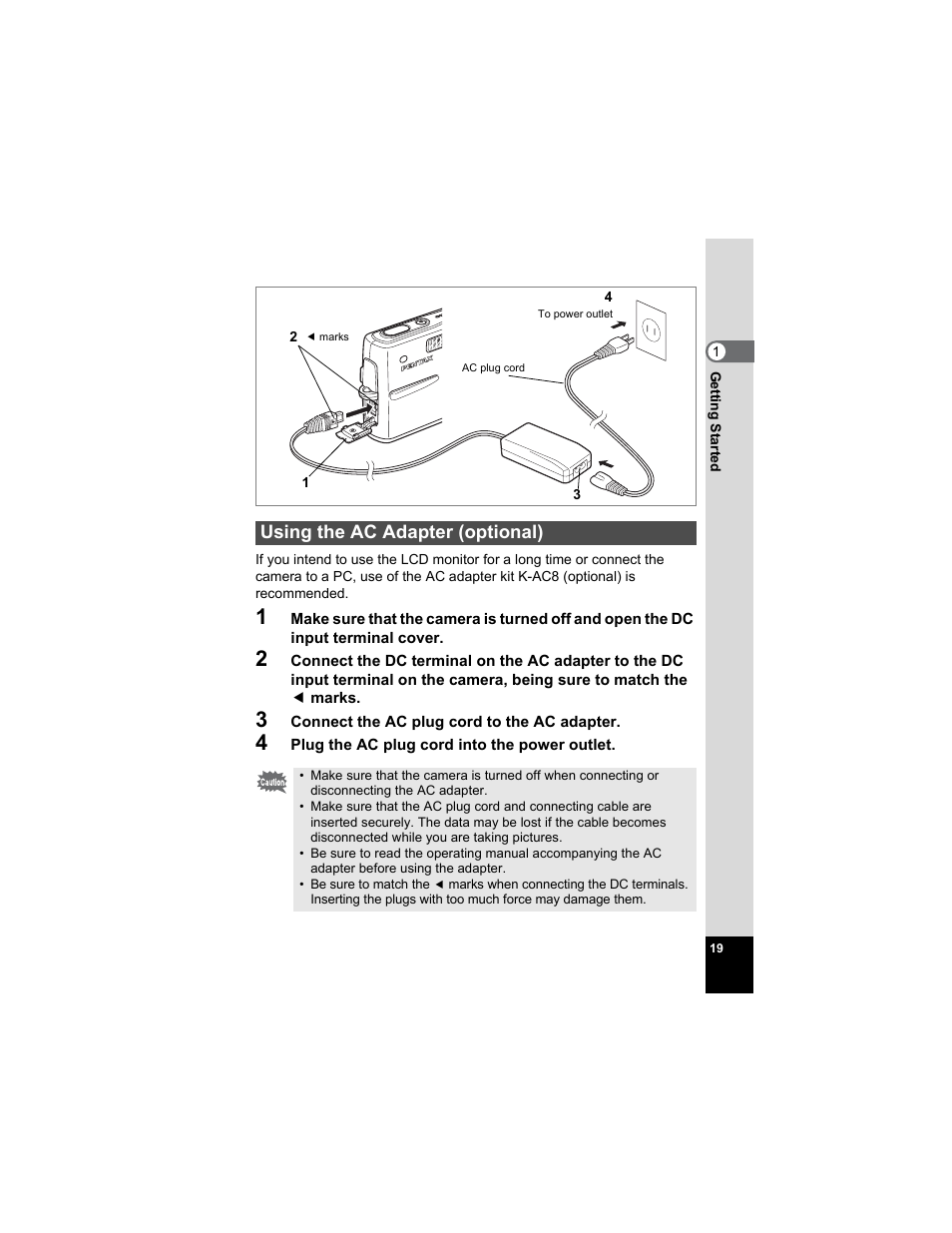 Using the ac adapter (optional) | Pentax Optio A20 User Manual | Page 21 / 199