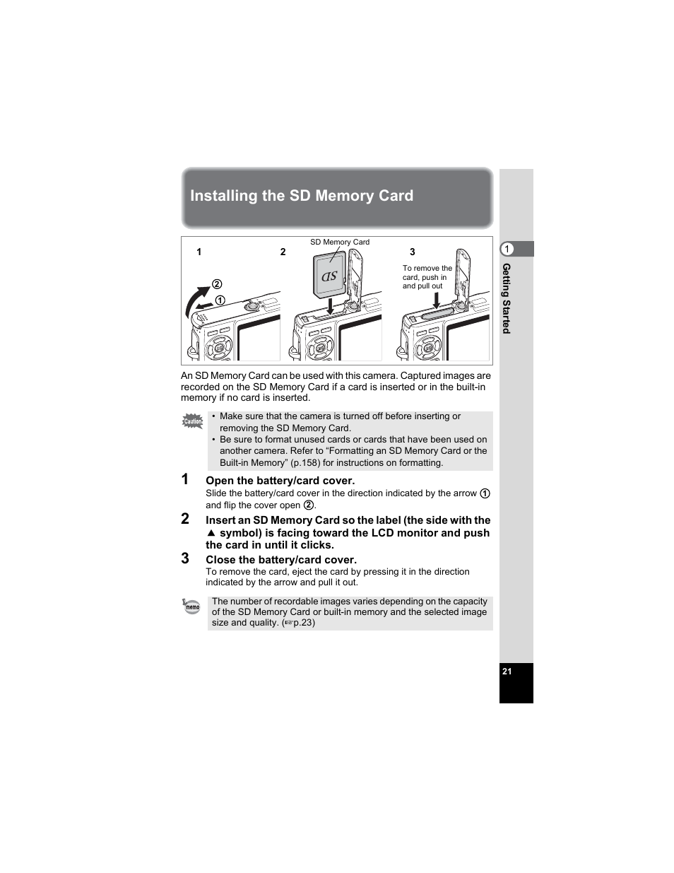 Installing the sd memory card | Pentax Optio A20 User Manual | Page 23 / 199