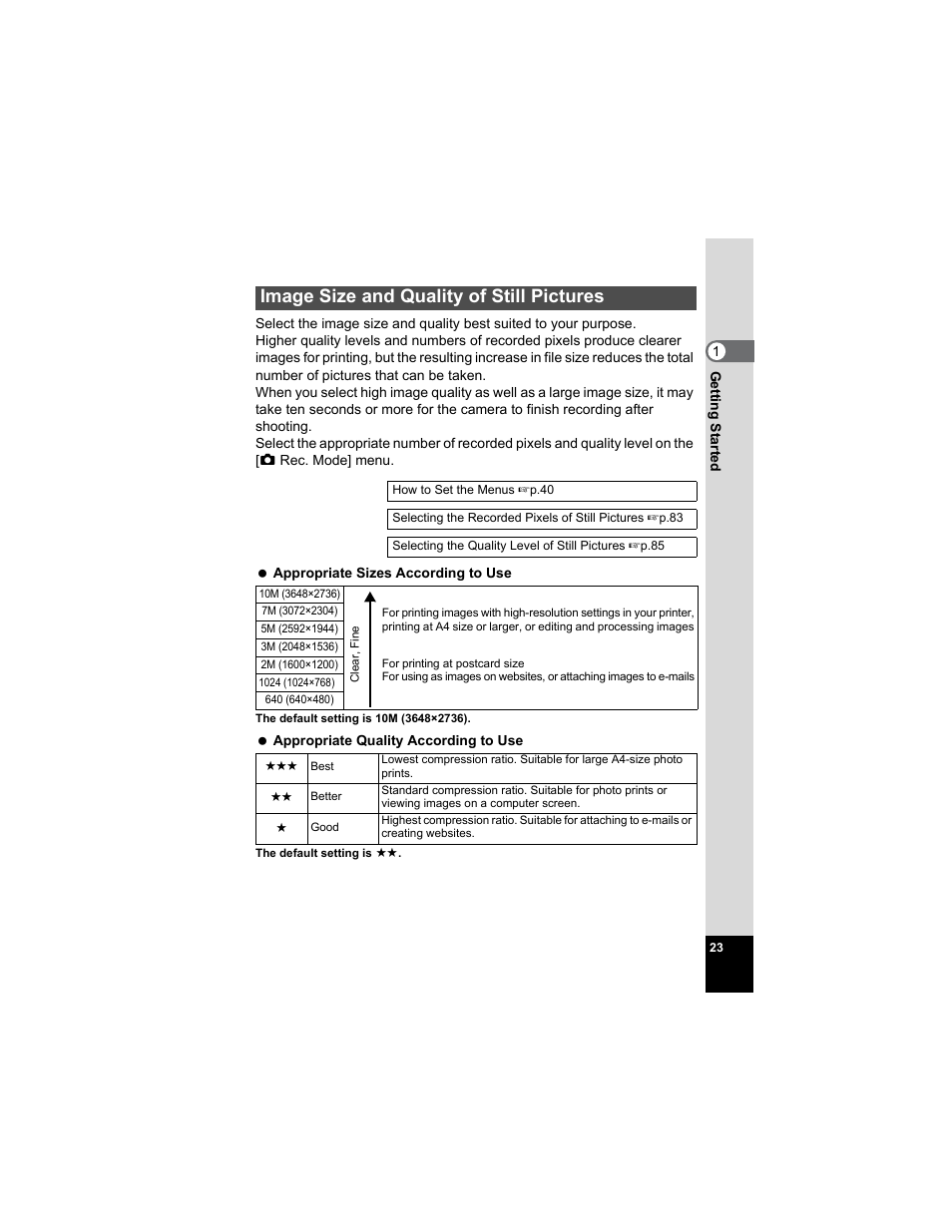 Image size and quality of still pictures | Pentax Optio A20 User Manual | Page 25 / 199