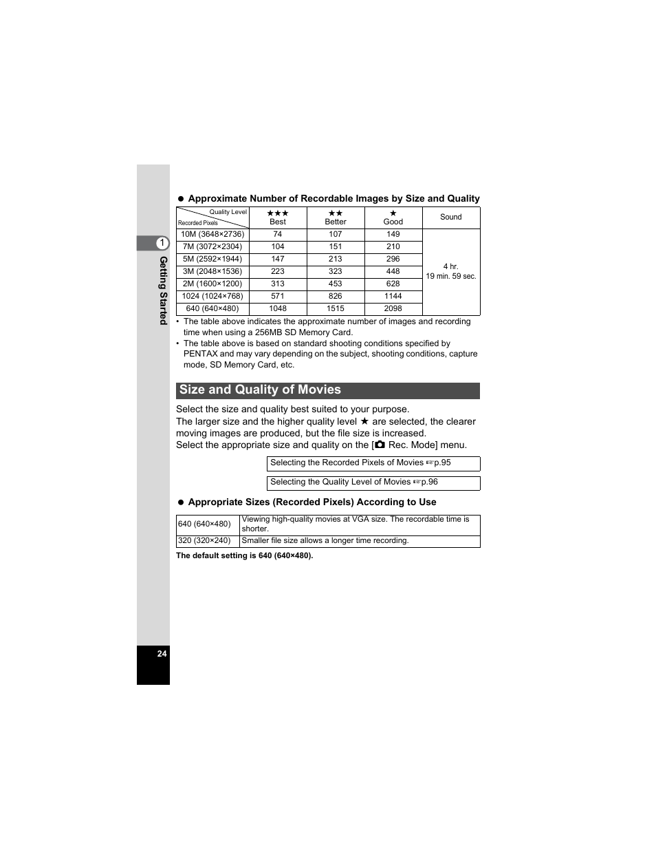 Size and quality of movies | Pentax Optio A20 User Manual | Page 26 / 199