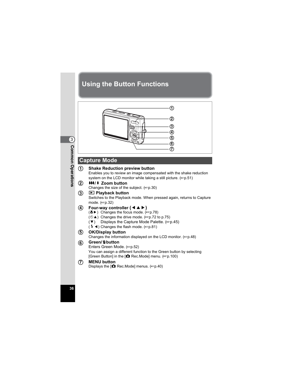 Using the button functions, Capture mode | Pentax Optio A20 User Manual | Page 38 / 199