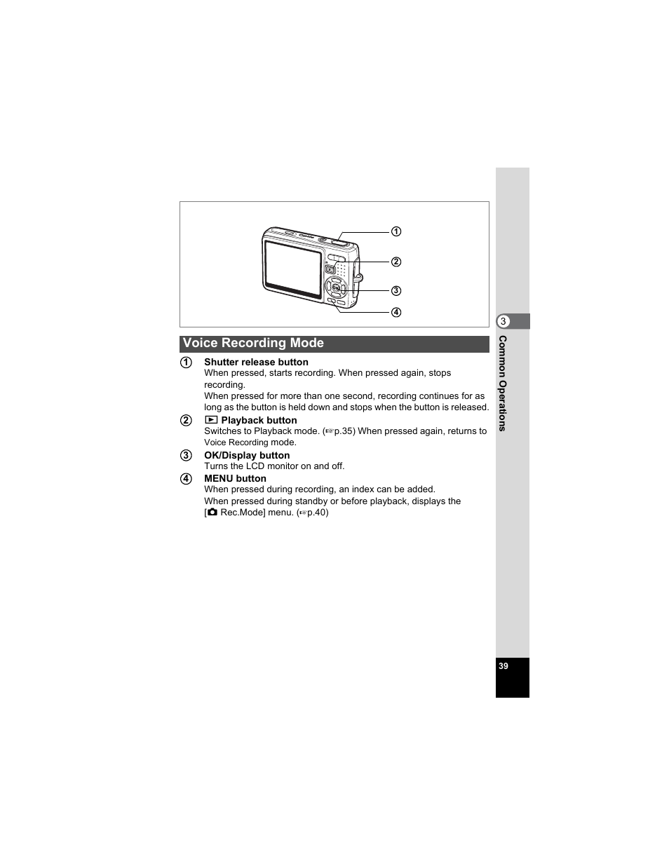 Voice recording mode | Pentax Optio A20 User Manual | Page 41 / 199