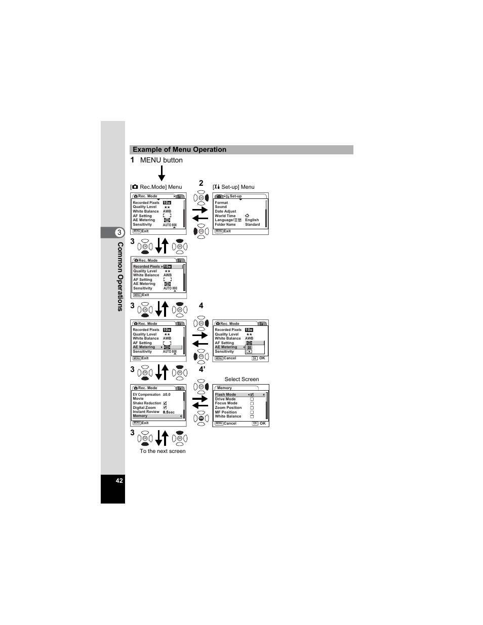 Com m on op eration s 3 example of menu operation, Menu button | Pentax Optio A20 User Manual | Page 44 / 199