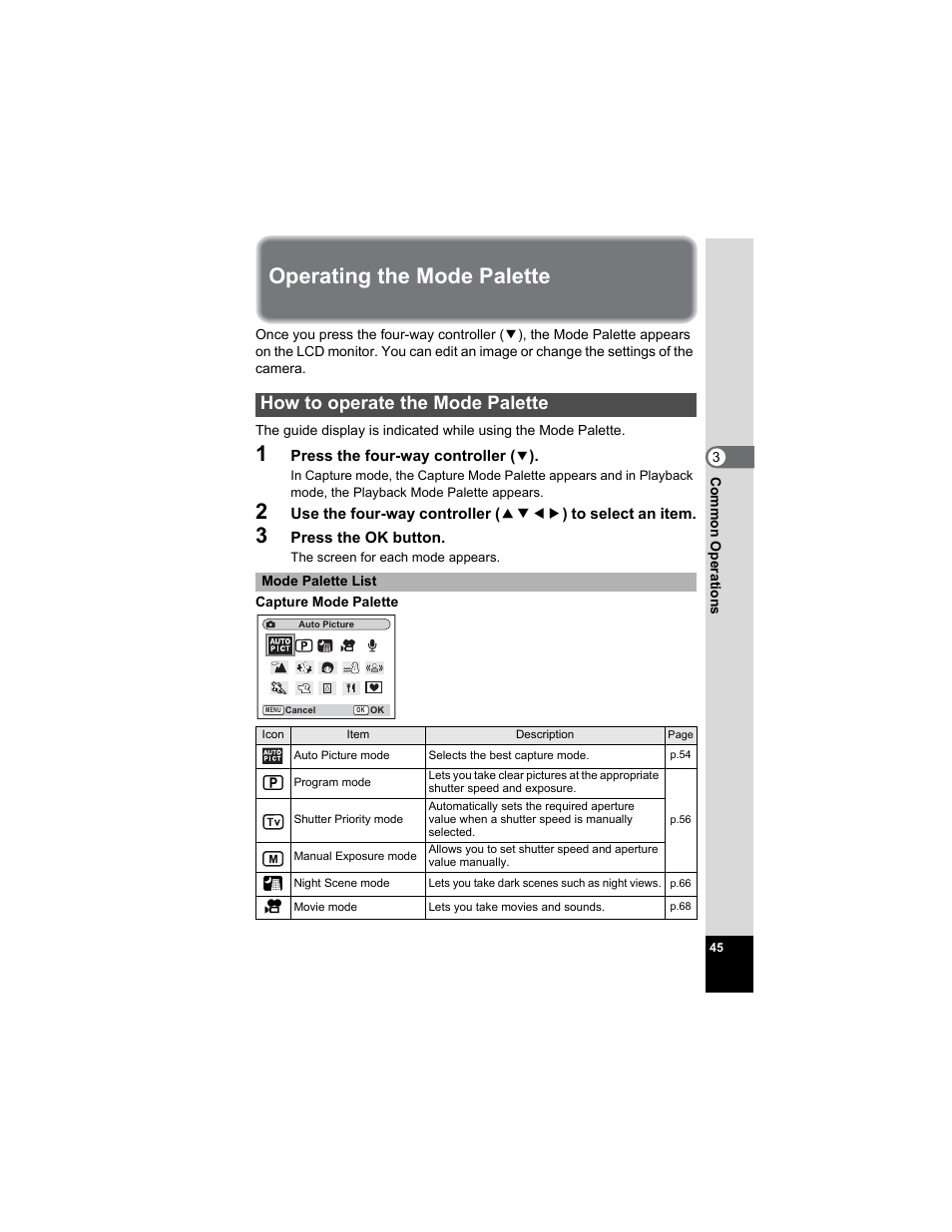 Operating the mode palette, How to operate the mode palette, P.45) | Pentax Optio A20 User Manual | Page 47 / 199