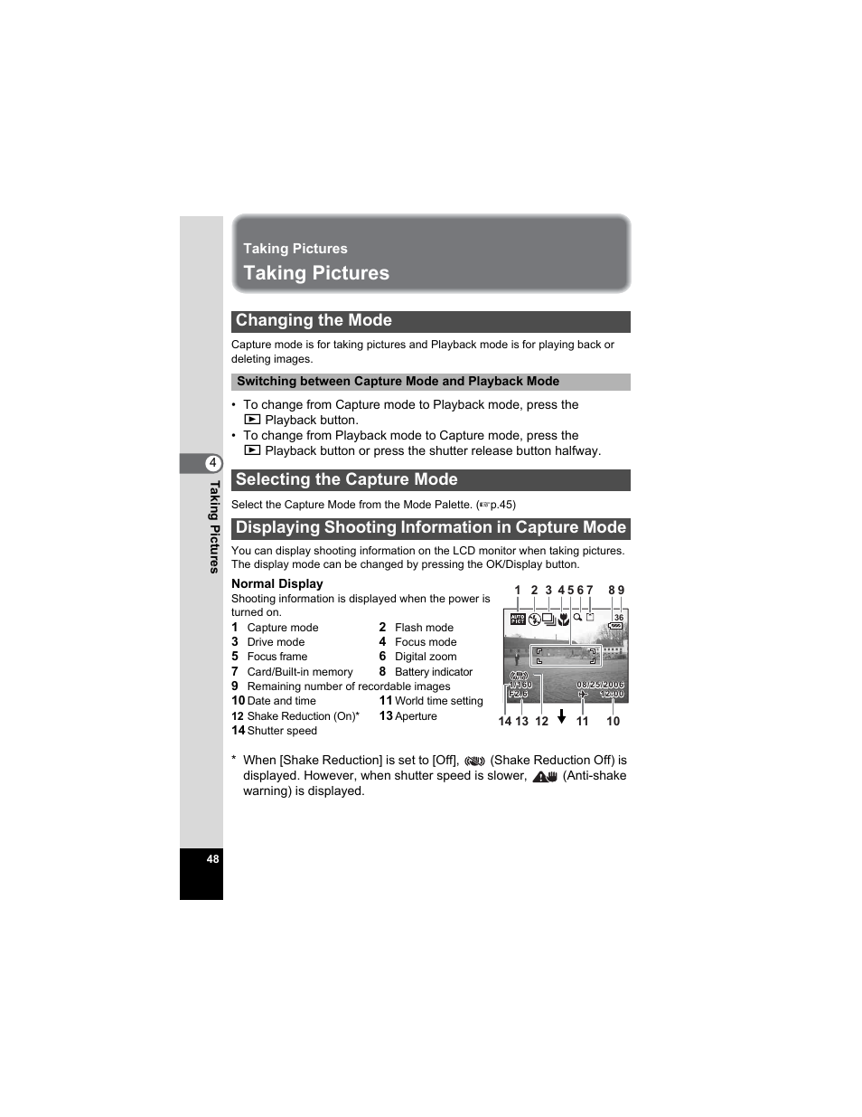 Taking pictures, Changing the mode, Selecting the capture mode | Displaying shooting information in capture mode, P.48) | Pentax Optio A20 User Manual | Page 50 / 199