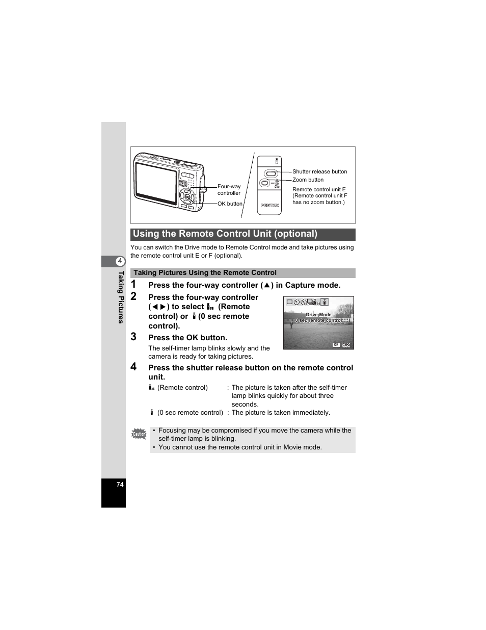 Using the remote control unit (optional) | Pentax Optio A20 User Manual | Page 76 / 199