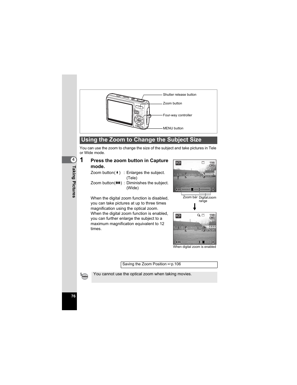 Using the zoom to change the subject size, P.76 | Pentax Optio A20 User Manual | Page 78 / 199