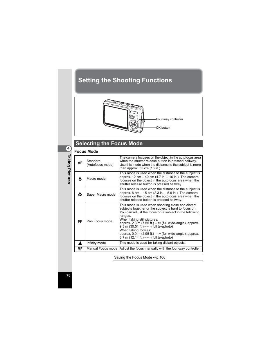 Setting the shooting functions, Selecting the focus mode, P.78) | Pentax Optio A20 User Manual | Page 80 / 199