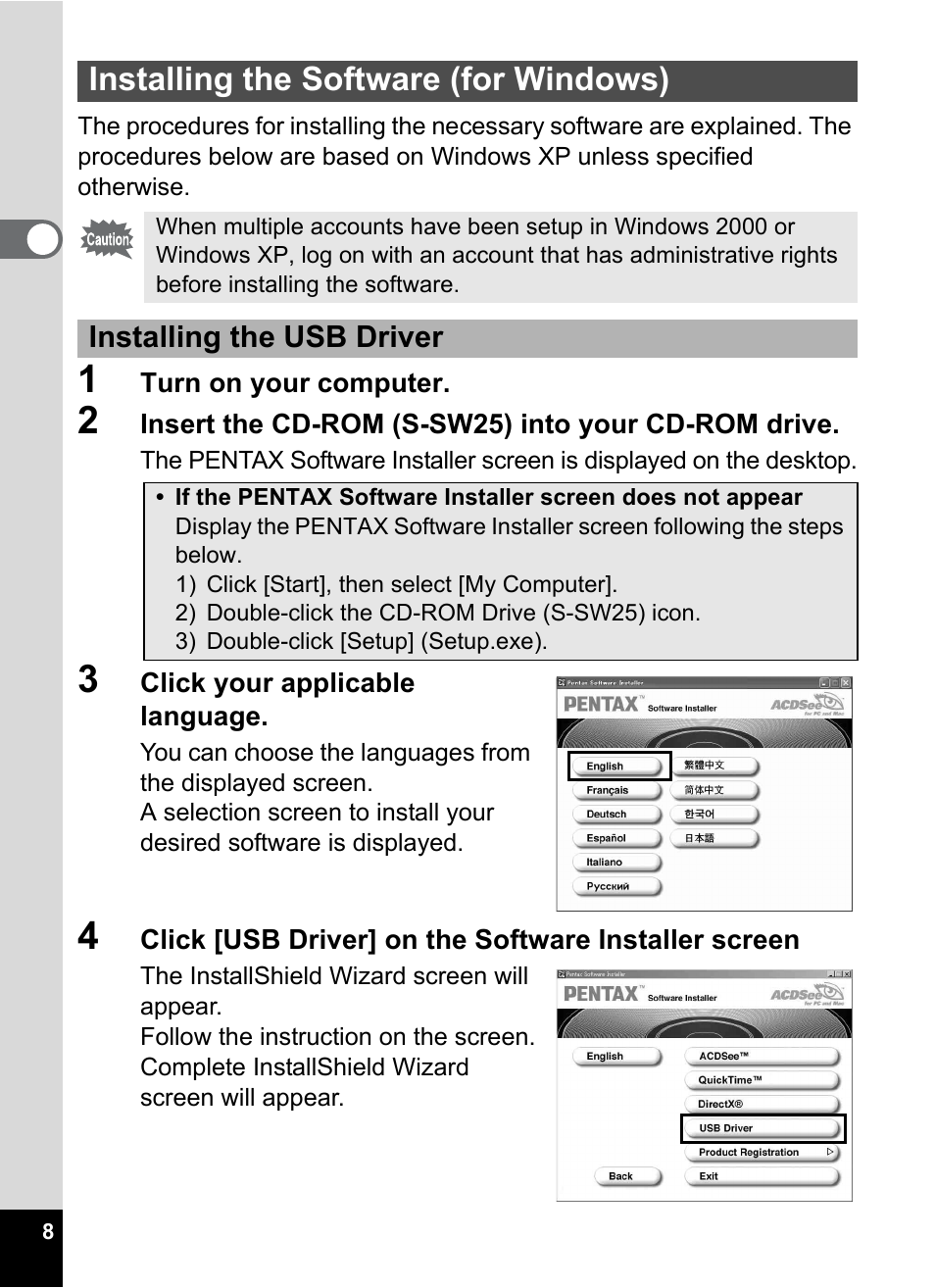 Installing the software (for windows) | Pentax Optio S5i User Manual | Page 10 / 72