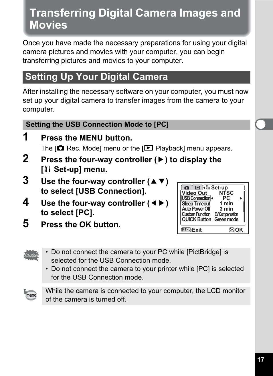 Transferring digital camera images and movies, Setting up your digital camera | Pentax Optio S5i User Manual | Page 19 / 72