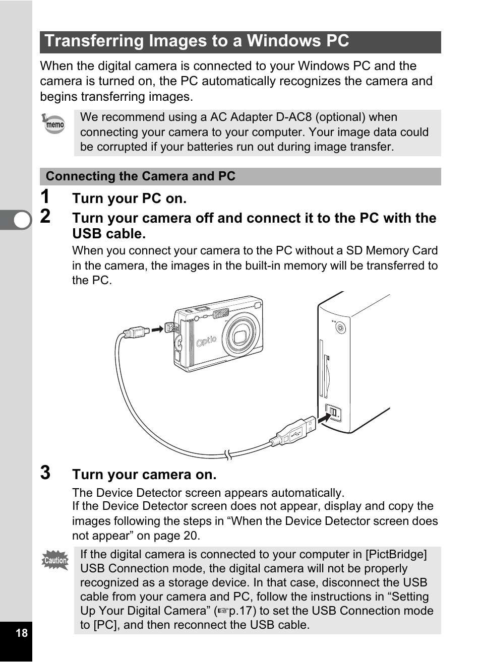 Transferring images to a windows pc | Pentax Optio S5i User Manual | Page 20 / 72