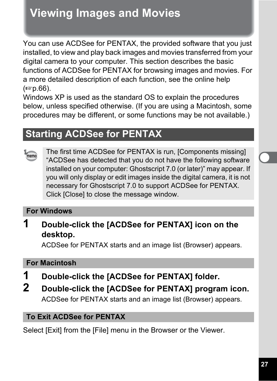 Viewing images and movies, Starting acdsee for pentax | Pentax Optio S5i User Manual | Page 29 / 72
