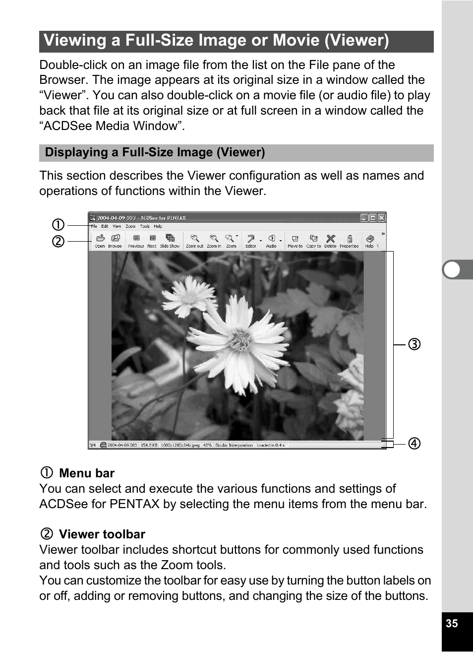 Viewing a full-size image or movie (viewer), Cd f e | Pentax Optio S5i User Manual | Page 37 / 72