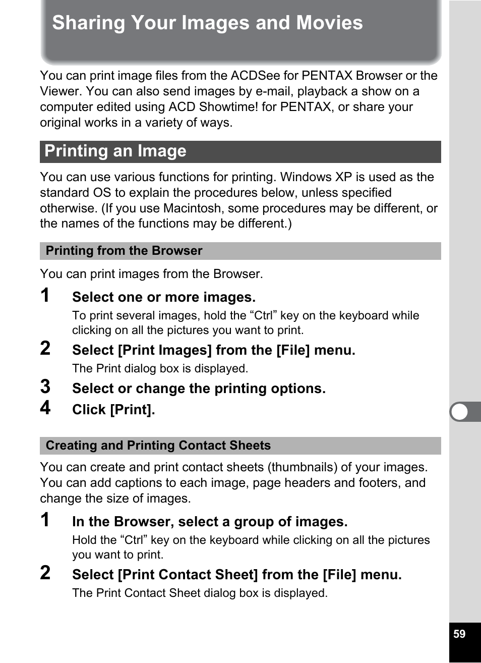 Sharing your images and movies, Printing an image | Pentax Optio S5i User Manual | Page 61 / 72