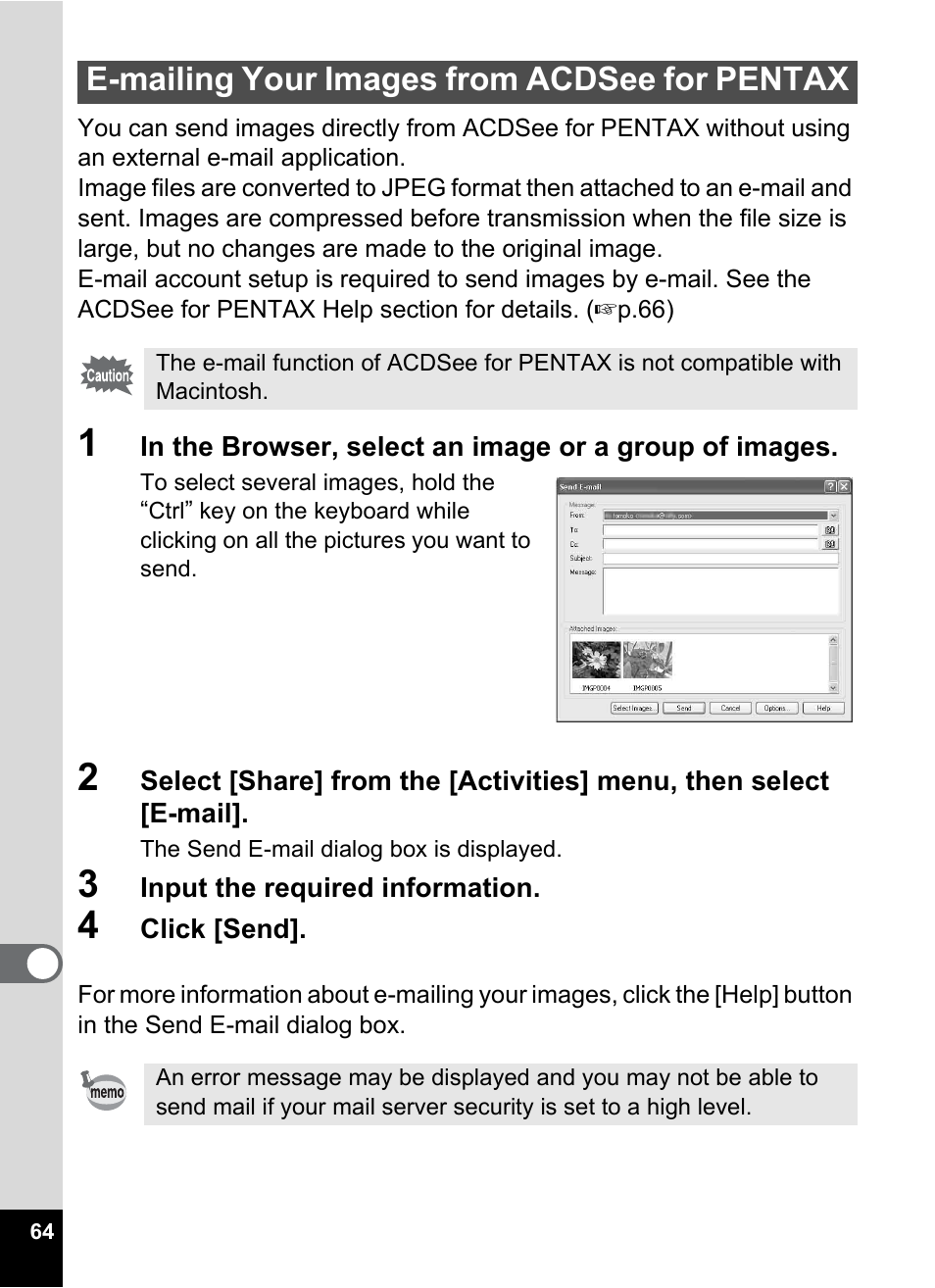 E-mailing your images from acdsee for pentax | Pentax Optio S5i User Manual | Page 66 / 72