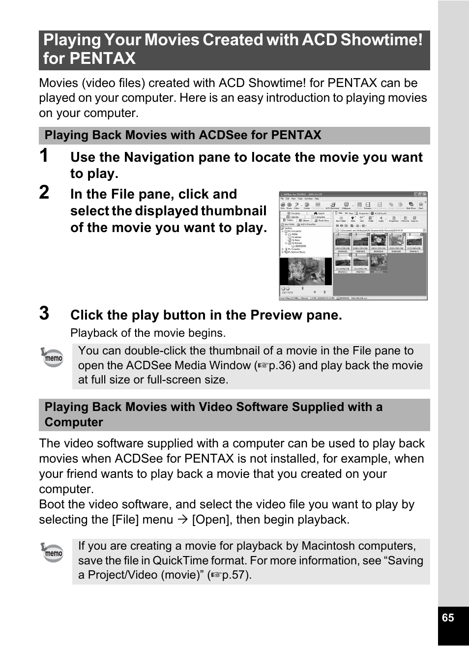 Playing your movies created with acd showtime! for, Pentax | Pentax Optio S5i User Manual | Page 67 / 72