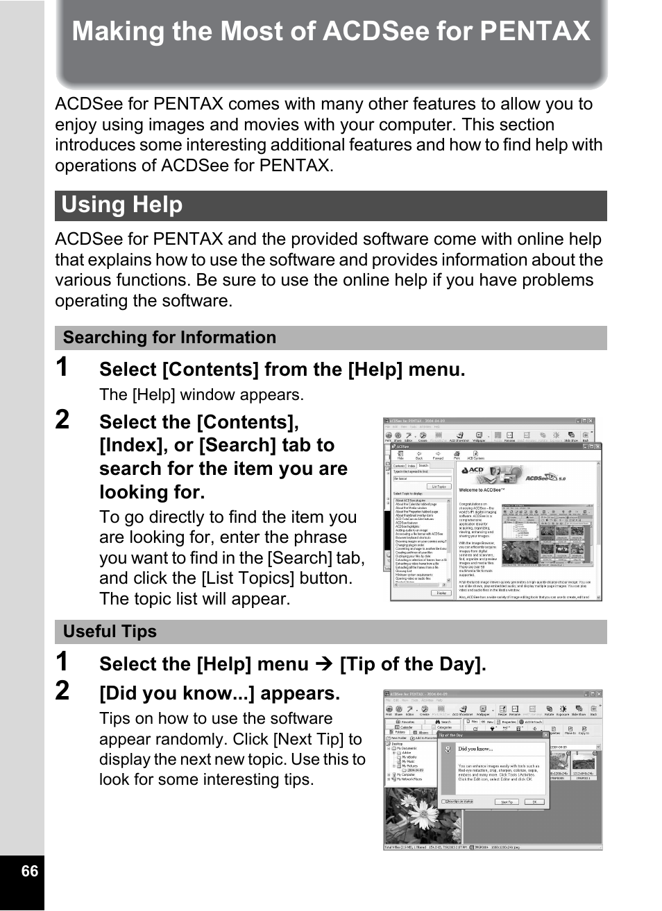 Making the most of acdsee for pentax, Using help | Pentax Optio S5i User Manual | Page 68 / 72