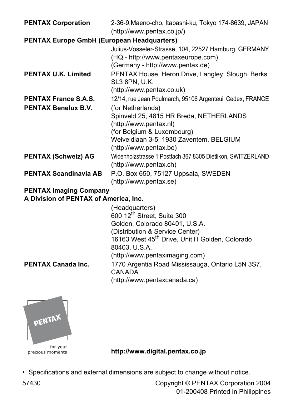 Pentax Optio S5i User Manual | Page 72 / 72