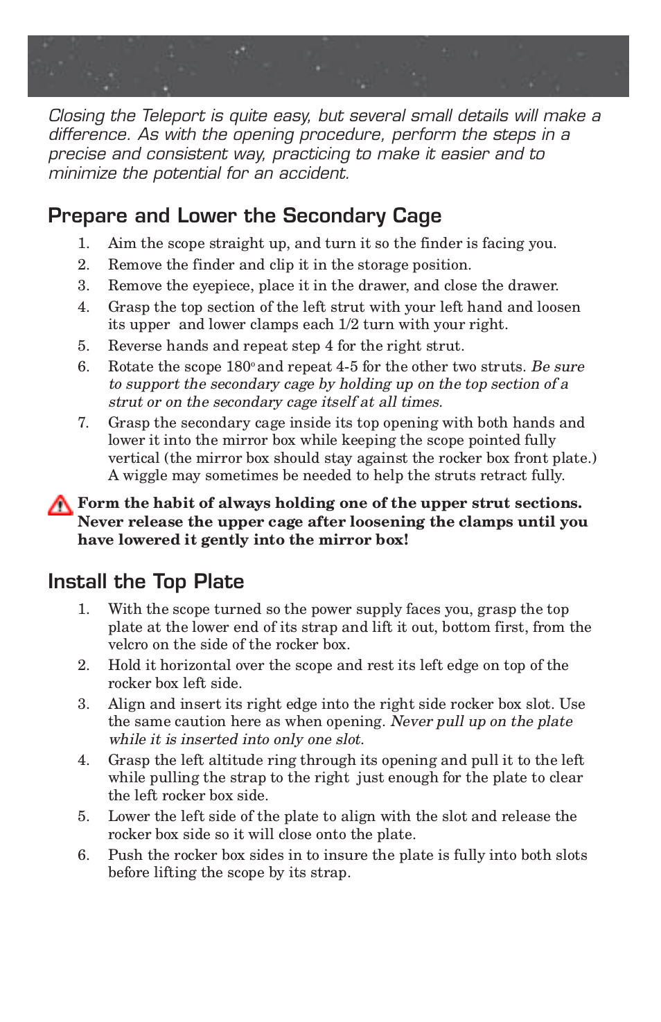 Closing, Prepare and lower the secondary cage, Install the top plate | Pentax 10 User Manual | Page 10 / 24