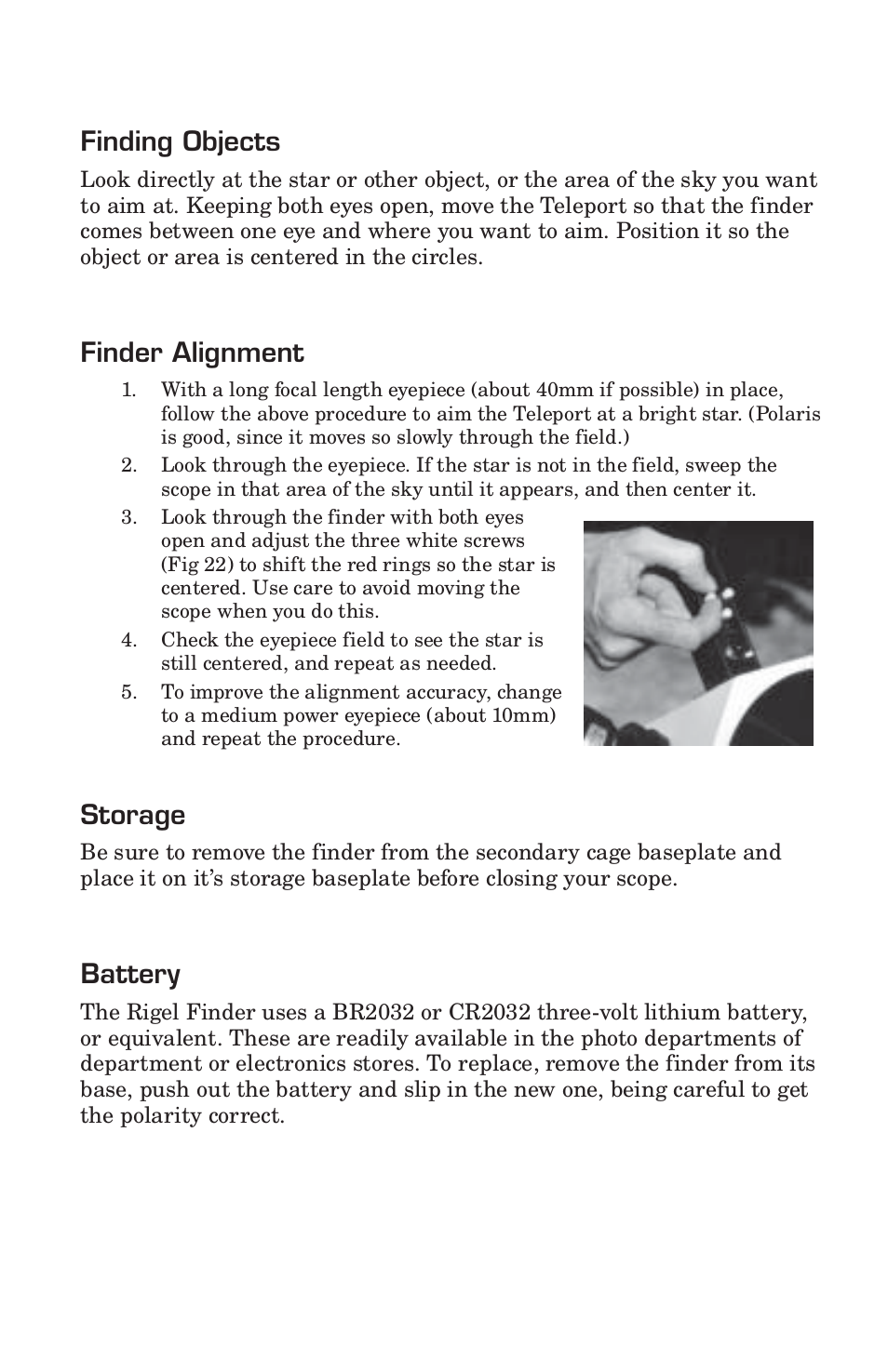 Finding objects, Finder alignment, Storage | Battery | Pentax 10 User Manual | Page 13 / 24