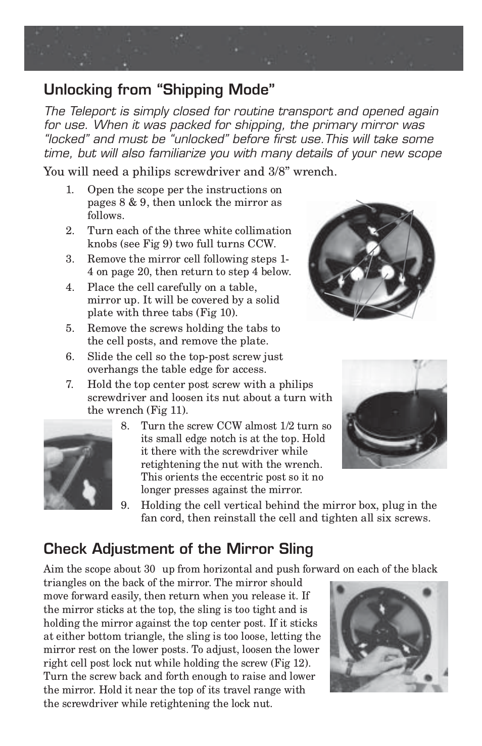 Getting started, Unlocking from “shipping mode, Check adjustment of the mirror sling | Pentax 10 User Manual | Page 7 / 24