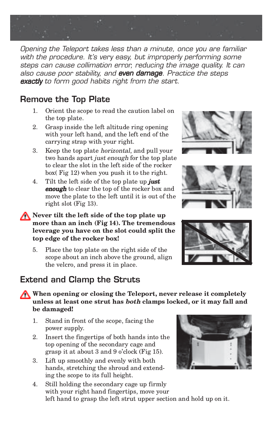 Opening, Remove the top plate, Extend and clamp the struts | Pentax 10 User Manual | Page 8 / 24