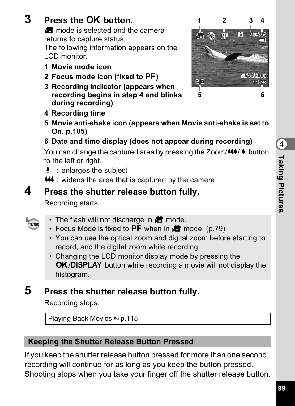 Press the 4 button, Press the shutter release button fully | Pentax Optio M20 User Manual | Page 101 / 192