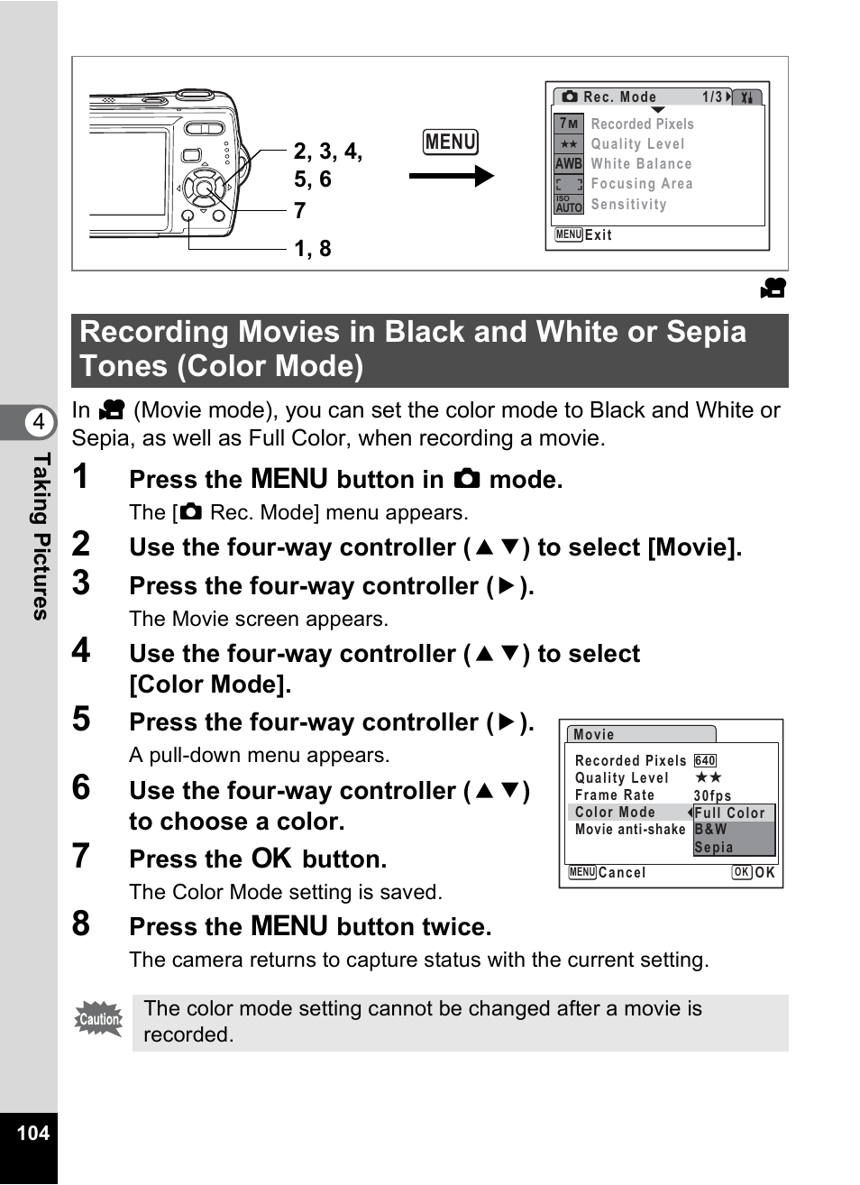 P.104, Press the 3 button in a mode, Press the four-way controller ( 5 ) | Press the 4 button, Press the 3 button twice | Pentax Optio M20 User Manual | Page 106 / 192