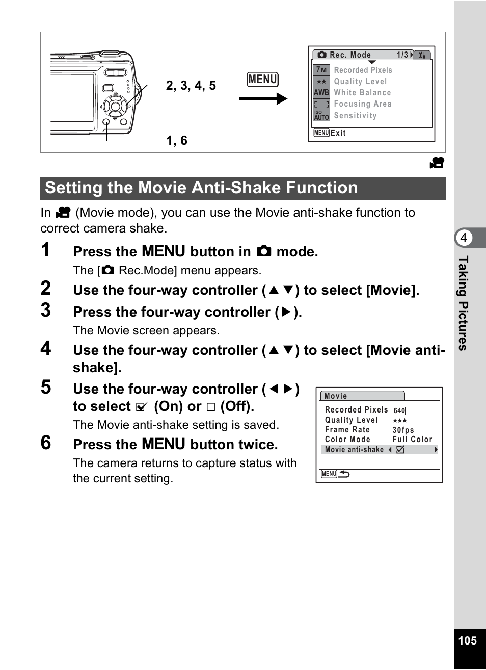 Setting the movie anti-shake function, P.105, On. p.105) | Press the 3 button in a mode, Press the four-way controller ( 5 ), Press the 3 button twice | Pentax Optio M20 User Manual | Page 107 / 192