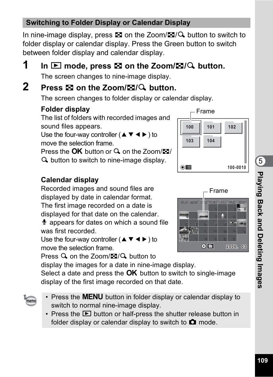 P.109, P.109), Press f on the zoom/ f / y button | Folder display, Calendar display, Switching to folder display or calendar display, The screen changes to nine-image display, Frame | Pentax Optio M20 User Manual | Page 111 / 192