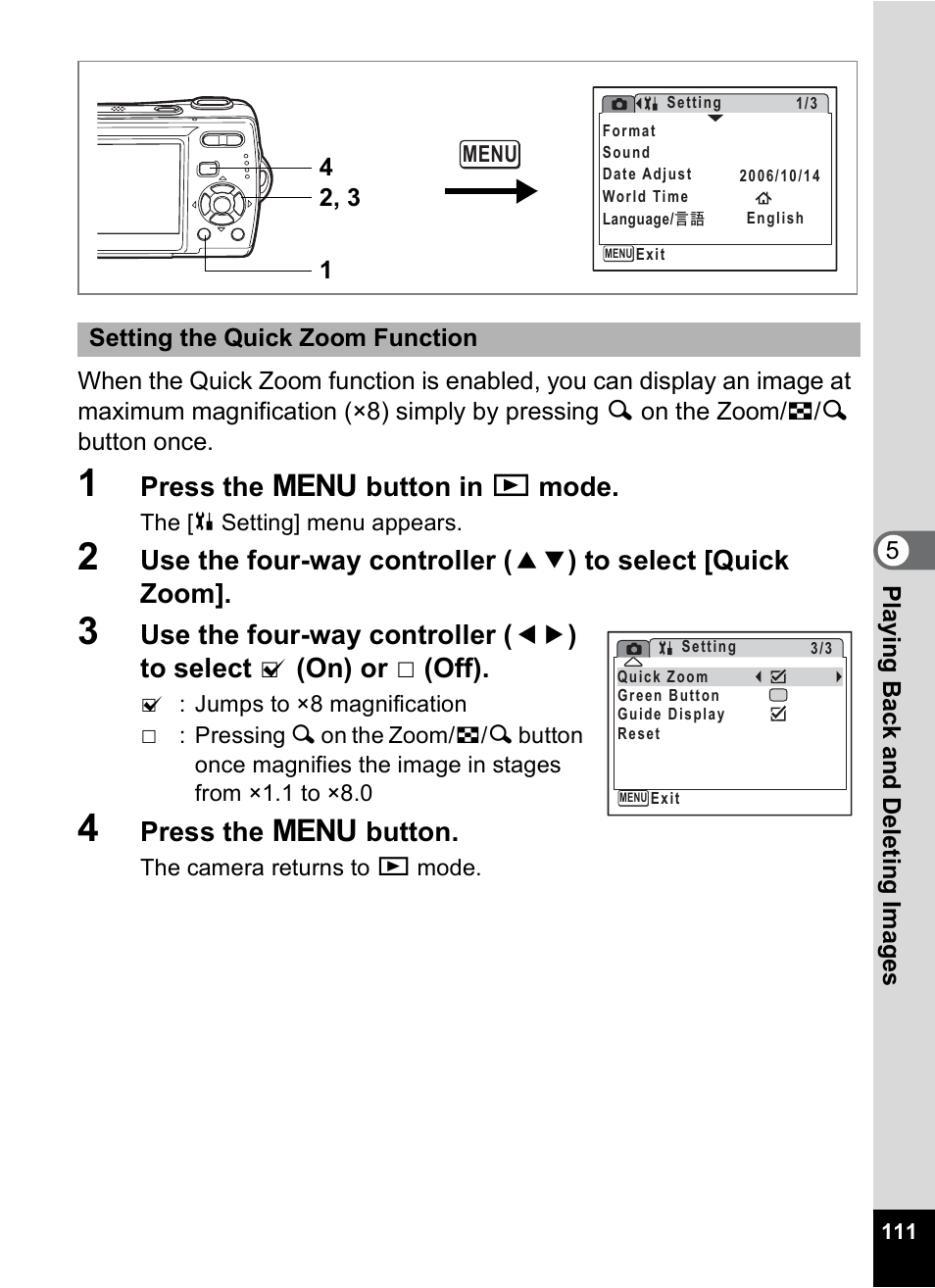 P.111, Press the 3 button in q mode, Press the 3 button | Pentax Optio M20 User Manual | Page 113 / 192