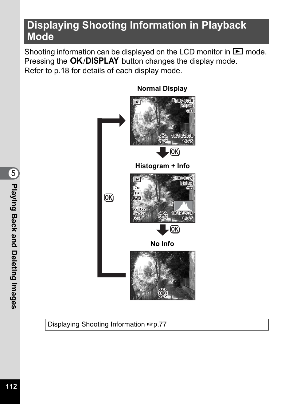 Displaying shooting information in playback mode, P.112), Displaying shooting information 1p.77 | Normal display histogram + info no info | Pentax Optio M20 User Manual | Page 114 / 192